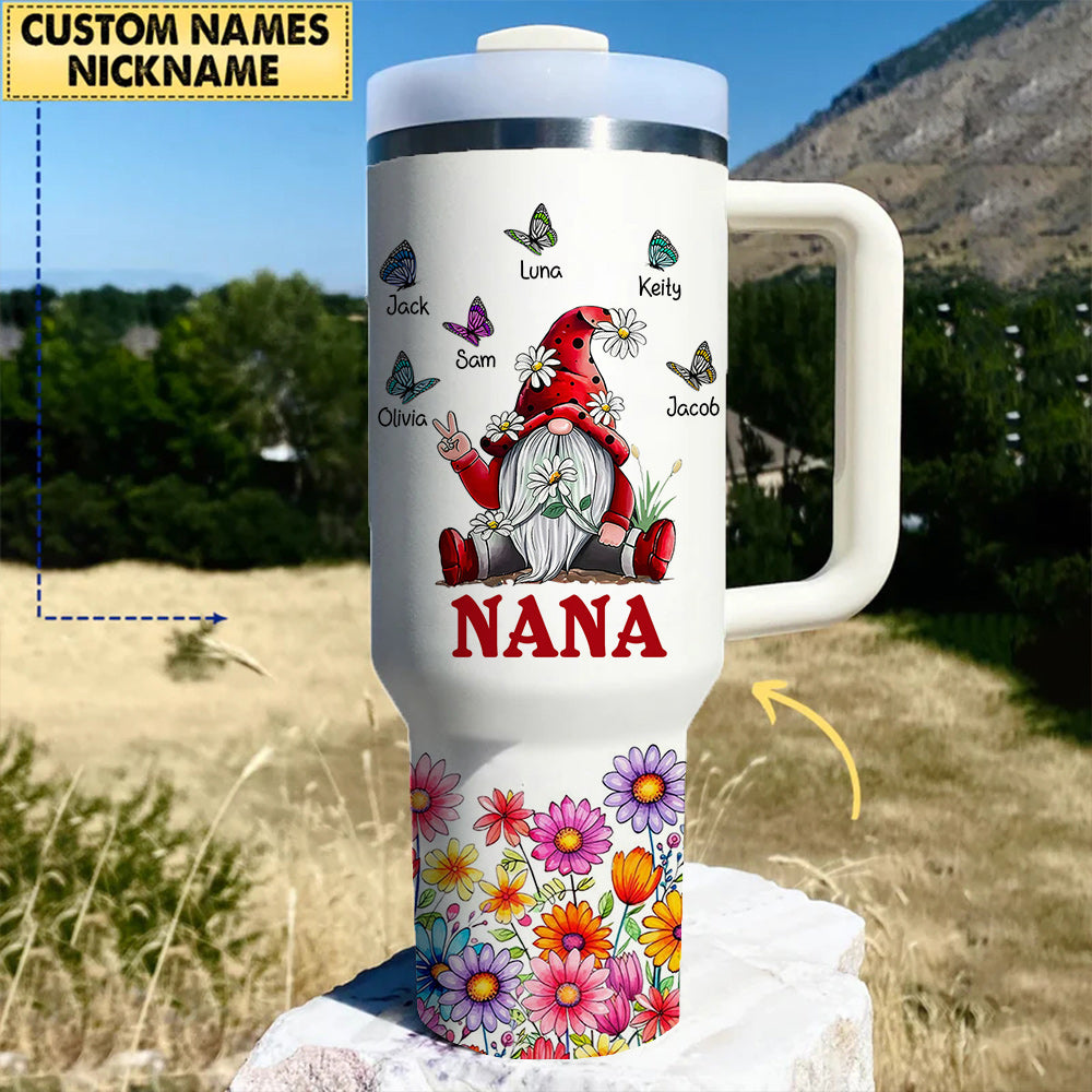 Flower Gnome Grandma With Butterflies Grankids Personalized Tumbler With Straw HTN04JAN24VA2