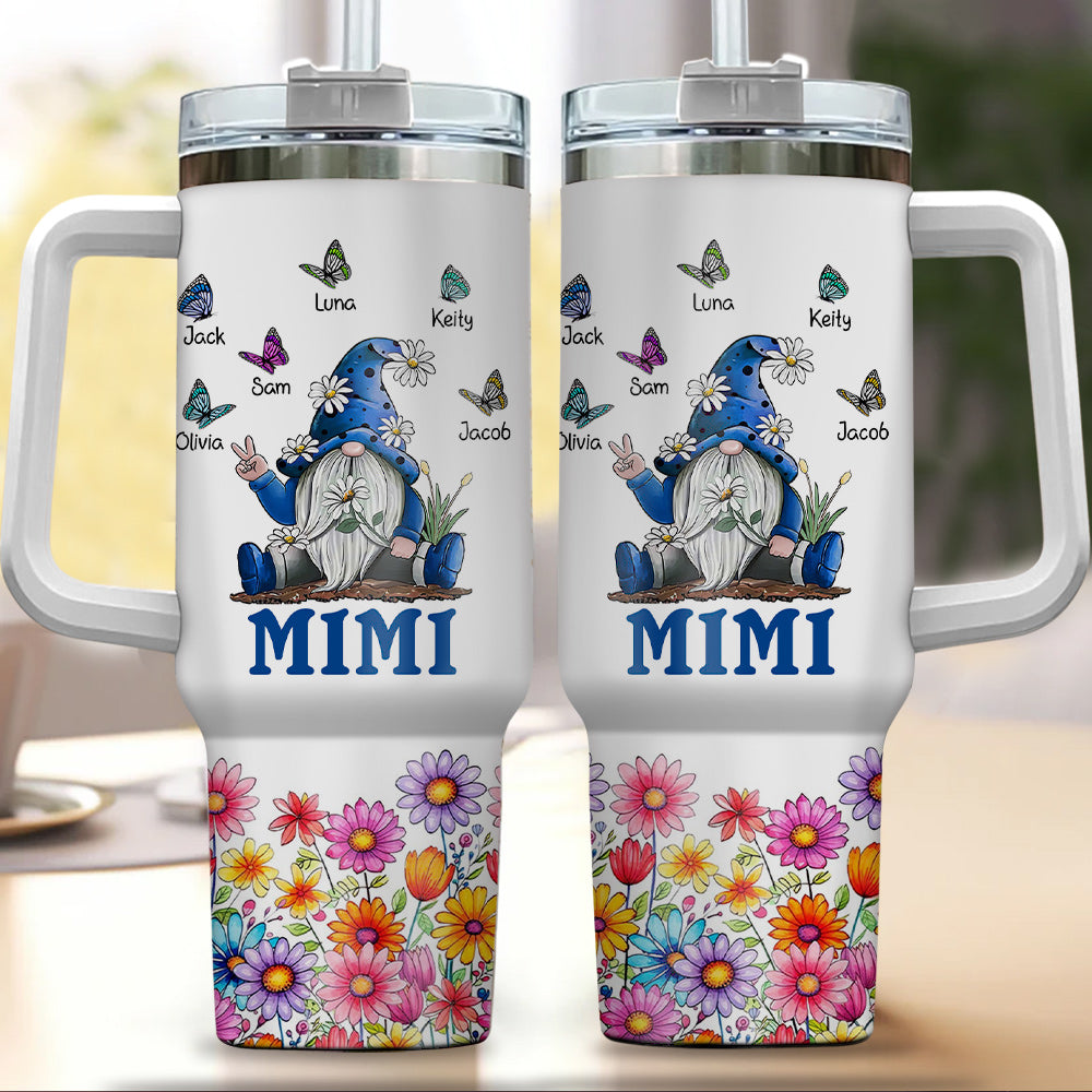 Flower Gnome Grandma With Butterflies Grankids Personalized Tumbler With Straw HTN04JAN24VA2
