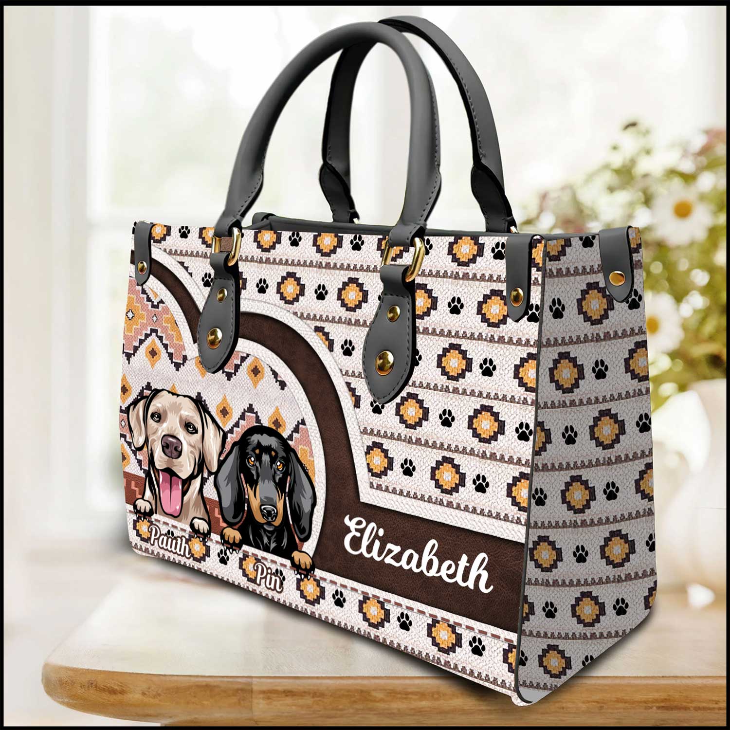 Southwestern Paw Boho Aztec Pattern Cute Dog Puppy Cat Kitten Pattern Personalized Leather Handbag HTN16DEC23KL1