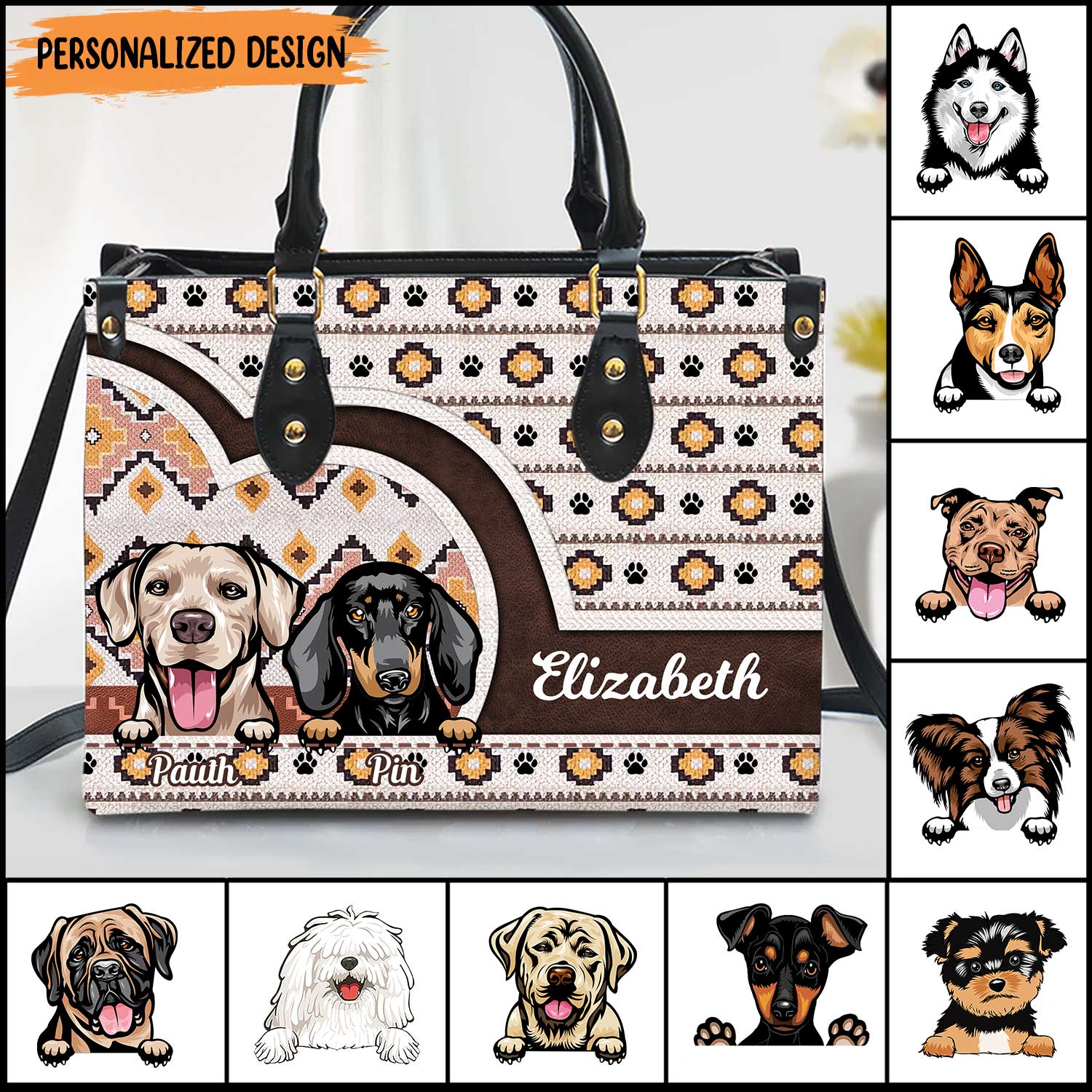 Southwestern Paw Boho Aztec Pattern Cute Dog Puppy Cat Kitten Pattern Personalized Leather Handbag HTN16DEC23KL1