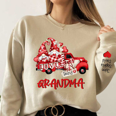 Love being a Grandma Gnome Truck With Sweatheart Grandkids On Sleeve Personalized Sweatshirt HTN16DEC23KL2