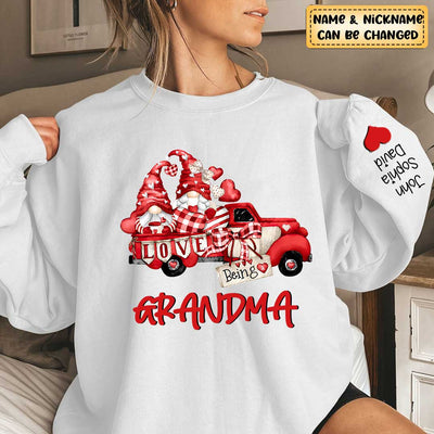 Love being a Grandma Gnome Truck With Sweatheart Grandkids On Sleeve Personalized Sweatshirt HTN16DEC23KL2
