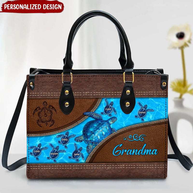 Discover Grandma Turtle With Grandkids Personalized Leather Handbag