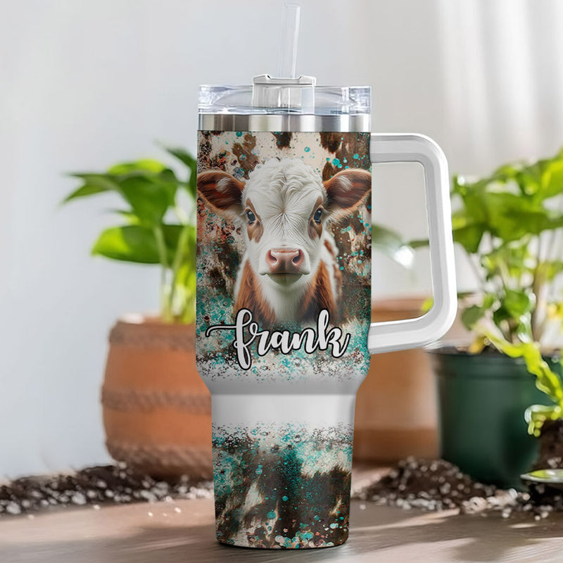 Cowhide Western Cow Print Teal Rustic Personalized Tumbler With Straw