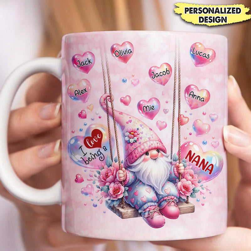 Valentine Pinky Pastel Gnome Grandma Mom Sweet Heart Kids, I Love Being A Nana Personalized Mug