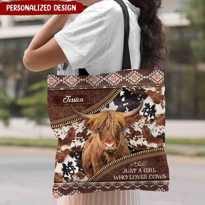 Love Cow Breeds Cattle Farm, Just A Girl Who Love Cows SouthWestern Leather Texture Personalized Tote Bag LPL14DEC23NY1