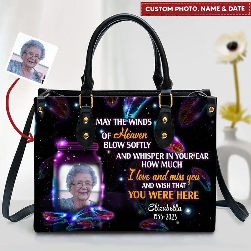 Discover Sparkling Memorial Upload Photo Gift, I Love And Miss You And Wish That You Were Here Personalized Leather Handbag