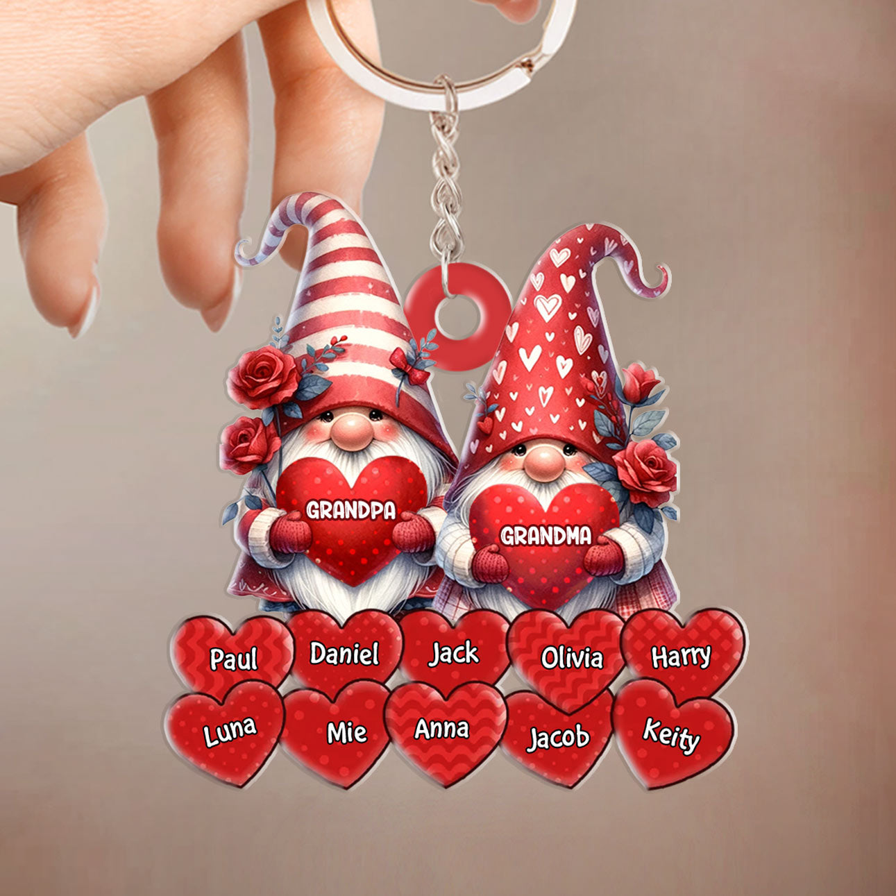 Valentine Red Couple Gnome Nana Papa Mom Dad Sweet Heart Kids Personalized Keychain LPL21DEC23VA1