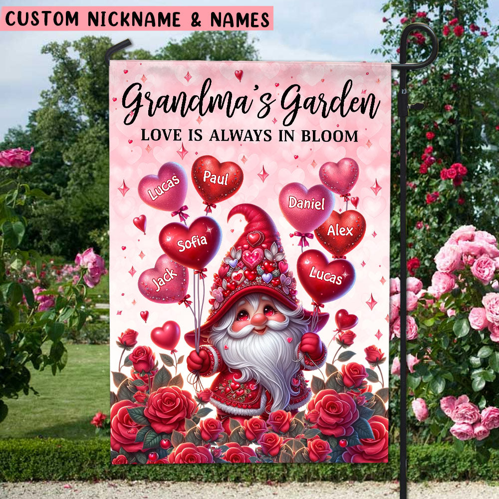 Valentine Gnome Grandma Mom's Garden With Sweet Heart Balloon Kids, Love Is Always In Bloom Personalized Flag LPL25DEC23VA1