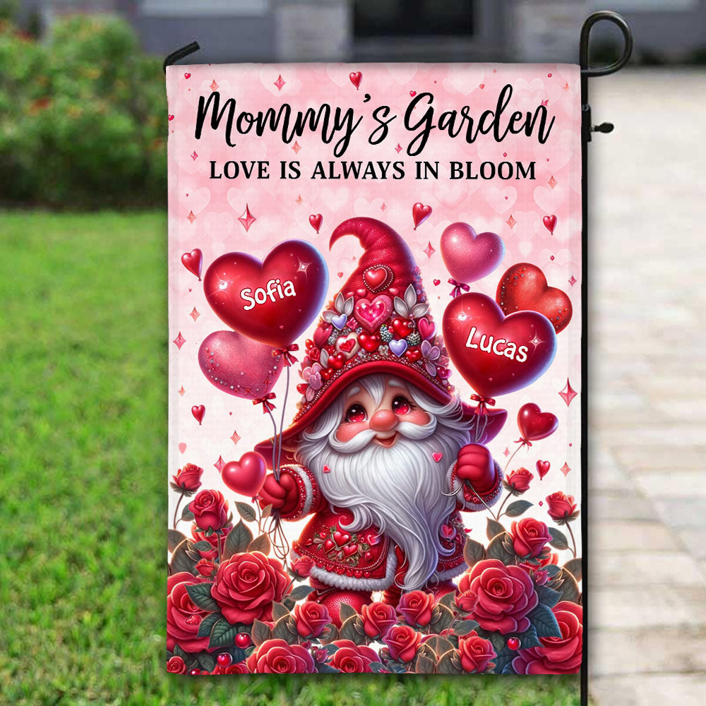 Valentine Gnome Grandma Mom's Garden With Sweet Heart Balloon Kids, Love Is Always In Bloom Personalized Flag LPL25DEC23VA1