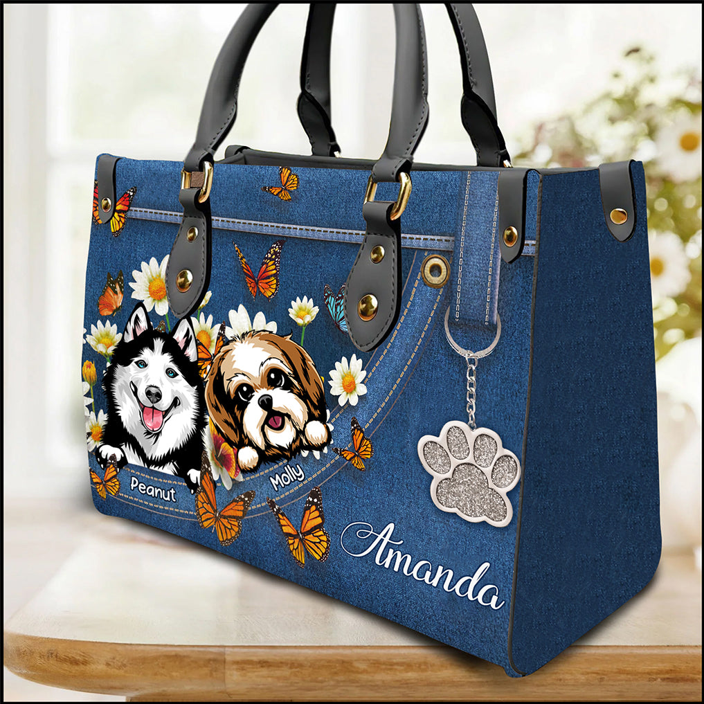 Daisy Butterfly Puppy Pet Dog Lovers Pawprint Personalized Leather Handbag NVL01FEB24TT1