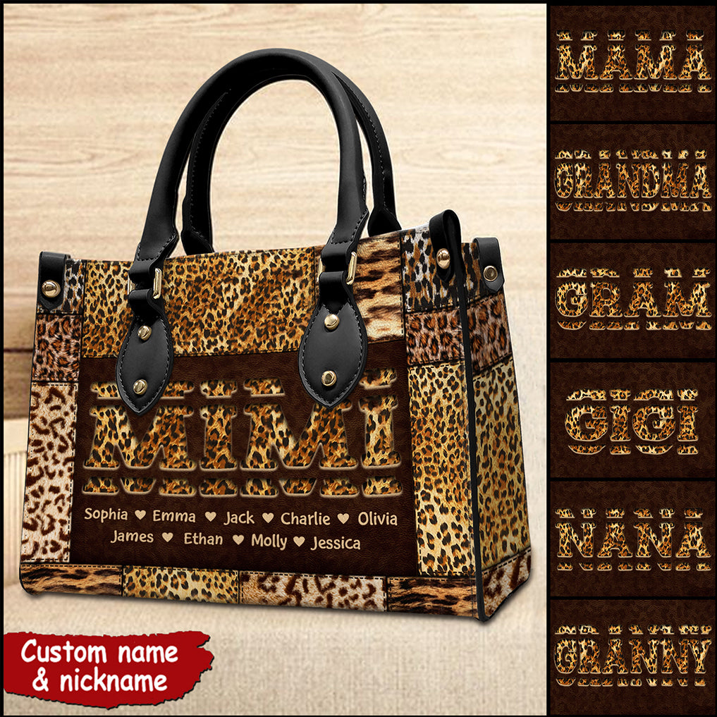 Leopard Pattern Mama Grandma Personalized Leather Handbag NVL02FEB24TT1
