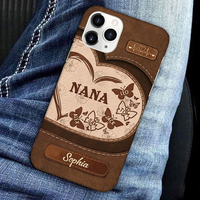 Personalized Nana Mom Heart Butterfly Colorful Texture Leather Phone case NVL05JAN24TT2
