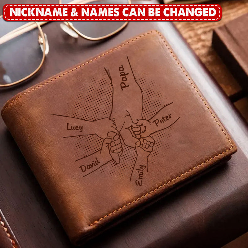 Discover Personalized Hands Clenched Custom Father & Kid Names Gift for Dad Laser Leather Wallet