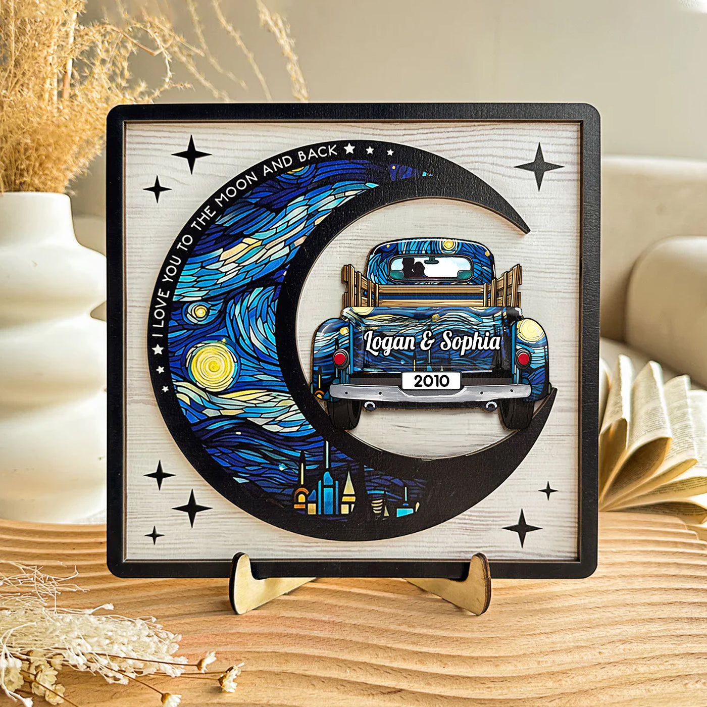 I love you to the moon and back Romantic Couple Truck Personalized 2 Layers Wooden Plaque HTN25DEC23CT1