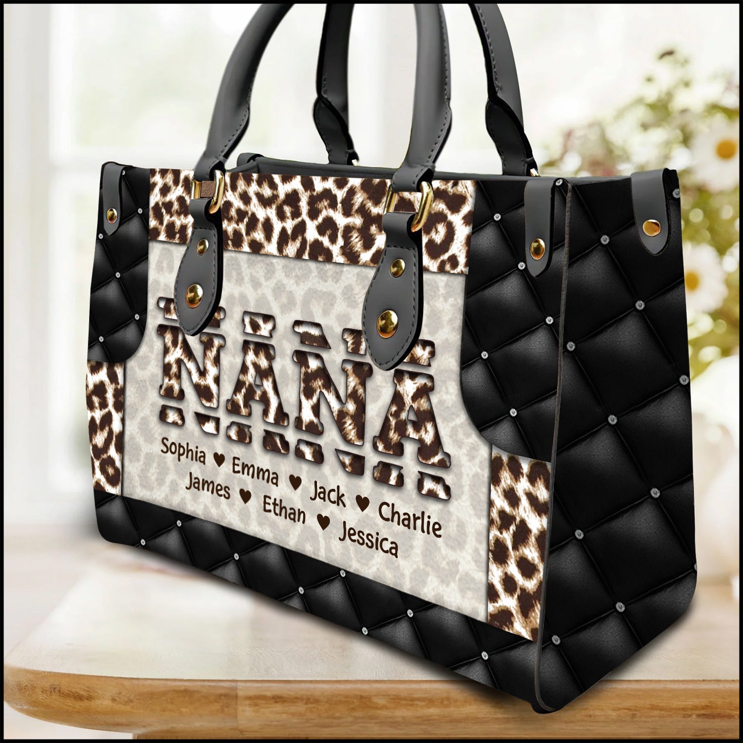 Leopard Patterned Grandma/ Nana/ Mom Personalized Leather Handbag VTX06FEB24TT1