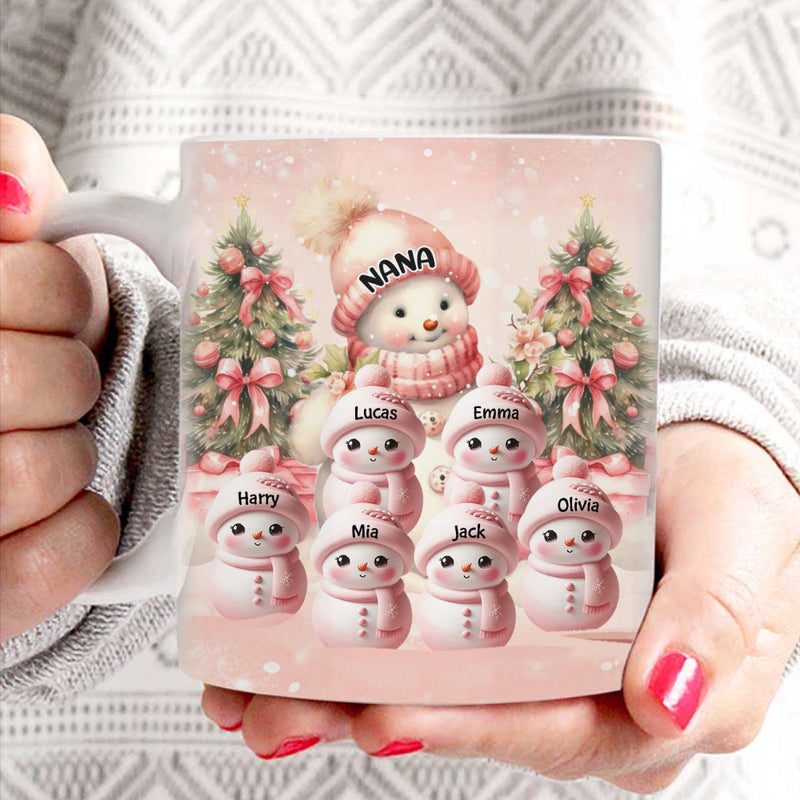 Pink Sky Snowman Grandma With Cute Little Snowman Kids Personalized Mug