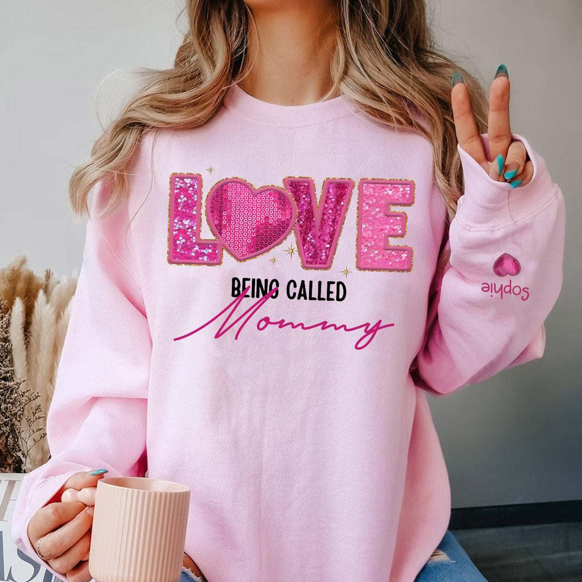 Love Being Called Grandma Pink Sparkling Faux Sequin Personalized Sweatshirt Sleeve Custom VTX15JAN24VA2