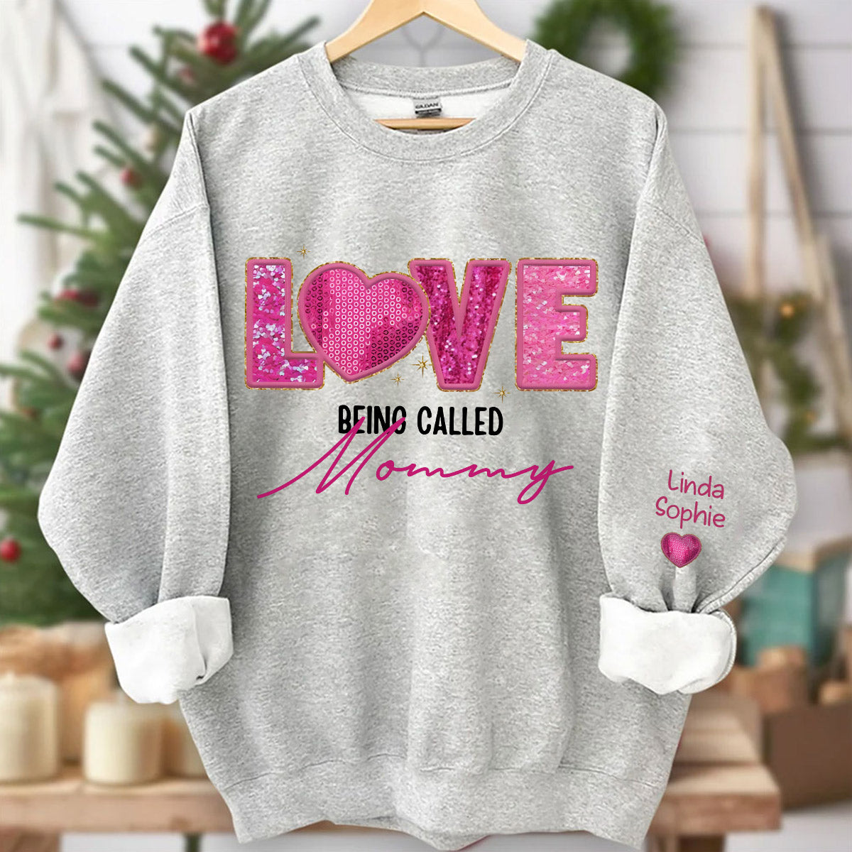 Love Being Called Grandma Pink Sparkling Faux Sequin Personalized Sweatshirt Sleeve Custom VTX15JAN24VA2