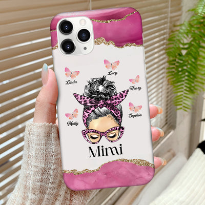 Pink Themed Messy Bun Grandma Mom With Butterfly Kids Personalized Silicone Phone Case VTX16NOV23TT2