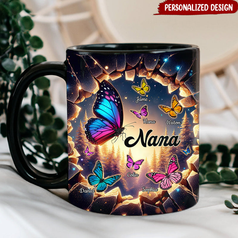 Discover 3D Effect Hole In A Wall Grandma With Butterfly Kids Personalized Black Mug