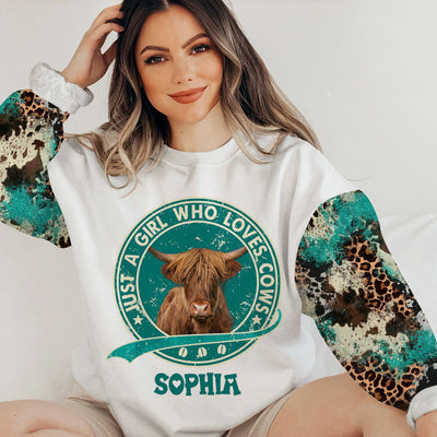 Cowhide Leopard Turquoise Glitter Just A Girl Who Loves Cows Cattle Farm Highland Holstein Cow Personalized Sweatshirt LPL18JAN24TP1
