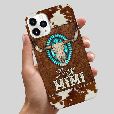 Personalized Western Country Mama Custom Name Cowhide Leather Pattern Phone Case LPL18JAN24TP3