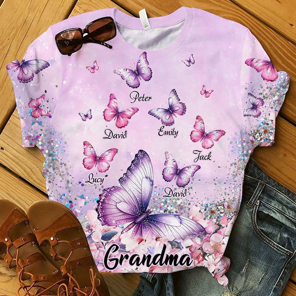 Glitter Flowery Butterfly Grandma Auntie Mom Kids Personalized 3D T-shirt LPL18MAR24TP1