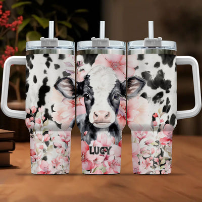 Pinky Flower Dairy Baby Cow Cattle Farm Personalized Tumbler With Straw LPL06JAN24TP3