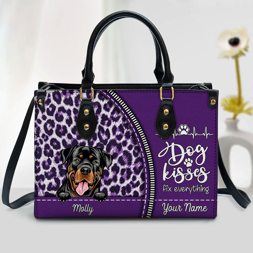 Dog Kisses Fix Everything Leopard Pattern Personalized Leather Handbag VTX01FEB24TP1