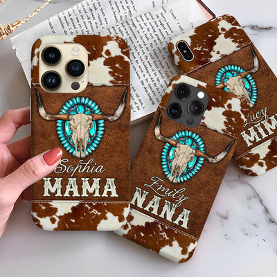 Personalized Western Country Mama Custom Name Cowhide Leather Pattern Phone Case LPL18JAN24TP3