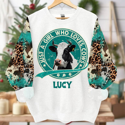Cowhide Leopard Turquoise Glitter Just A Girl Who Loves Cows Cattle Farm Highland Holstein Cow Personalized Sweatshirt LPL18JAN24TP1