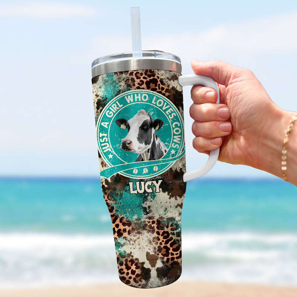 Cowhide Leopard Turquoise Glitter Just A Girl Who Loves Cows Cattle Farm Highland Holstein Cow Personalized Tumbler with Straw LPL29DEC23TP2