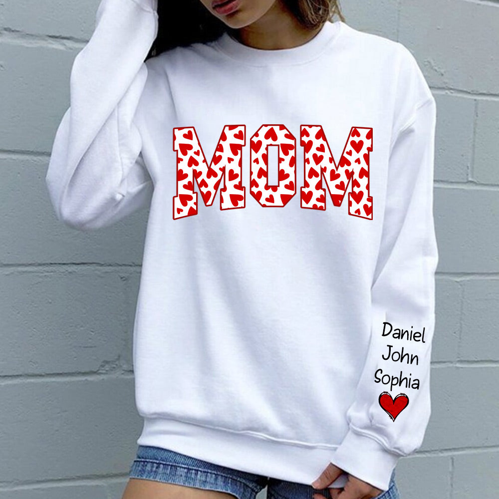 Grandma Nana Mama Hearts Valentine's Day With Grandkids Name On Sleeve Personalized Sweatshirt HTN08JAN24NY1