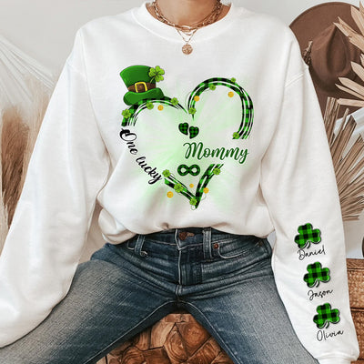 One Lucky Grandma Mom Heart Shamrock Kids On Sleeve Personalized Sweatshirt LPL05FEB24NY1