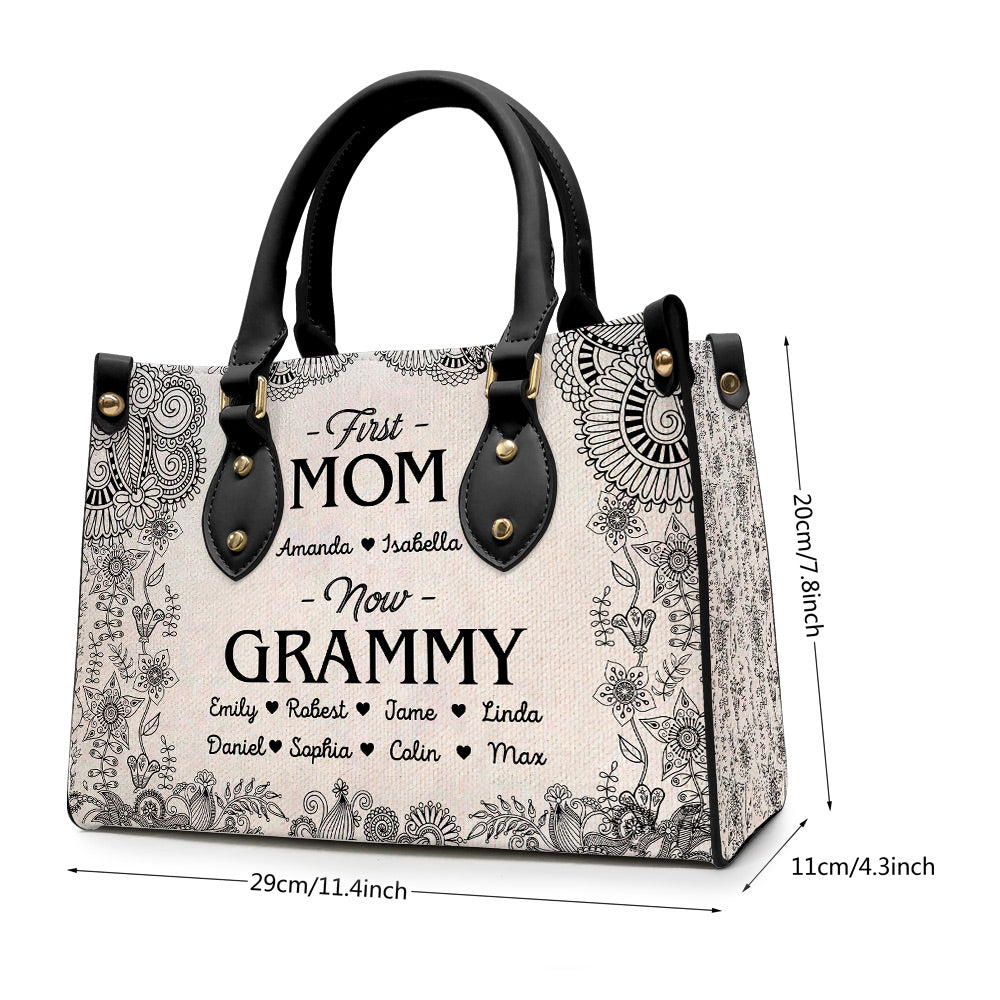 First Mom Now Grandma Boho Floral Pattern Personalized Leather Handbag VTX06FEB24NY2