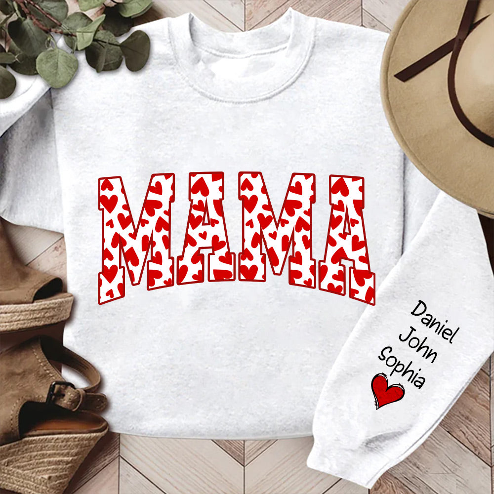 Grandma Nana Mama Hearts Valentine's Day With Grandkids Name On Sleeve Personalized Sweatshirt HTN08JAN24NY1