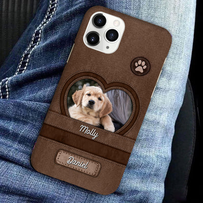 Upload Puppy Pet Dog Photo Leather Texture, Gift For Dog Lovers Personalized Phone Case NVL21FEB24NY2