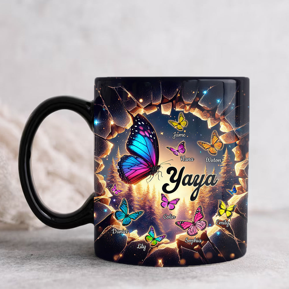 3D Effect Hole In A Wall Grandma With Butterfly Kids Personalized Black Mug VTX19FEB24NY1