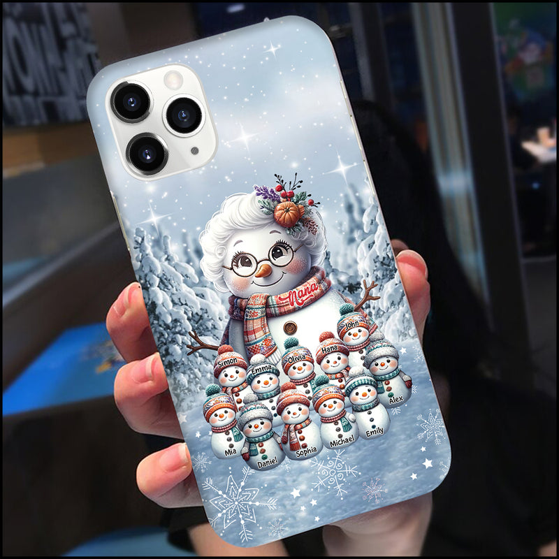 Discover Snowman Grandma With Adorable Grandkids In Winter Snow - Personalized Phone Case