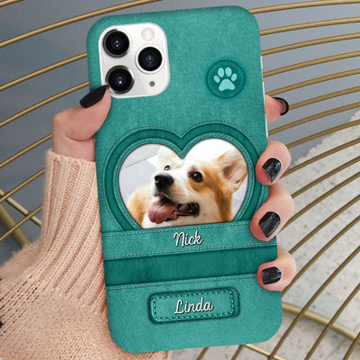 Upload Puppy Pet Dog Photo Leather Texture, Gift For Dog Lovers Personalized Phone Case NVL21FEB24NY2