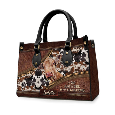 Just A Girl Who Loves Cow Cattle Farm, Black And Brown Cowhide Leather Zipper Pattern Personalized Leather Handbag LPL03FEB24NY2