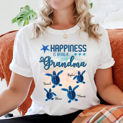 Happiness is being a Grandma Cute Sea Turtle Grandkids Personalized White T-shirt and Hoodie HTN02MAR24NY1
