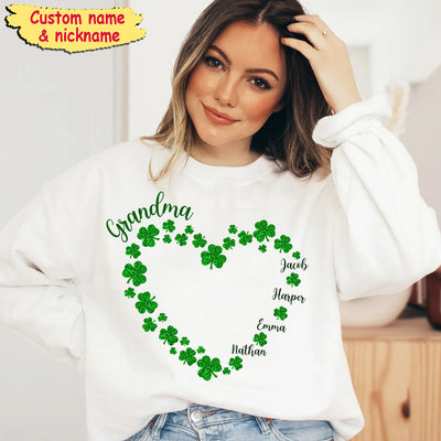 Glitter Heart Shamrocks St. Patrick's Day Personalized Sweatshirt Gift For Grandma/ Mom VTX31JAN24CT1