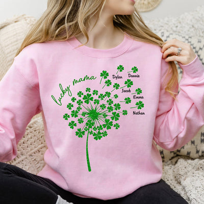 St Patrick's Day Lucky Grandma With Dandelion Shamrock Kids Personalized Sweatshirt HTN15FEB24CT1