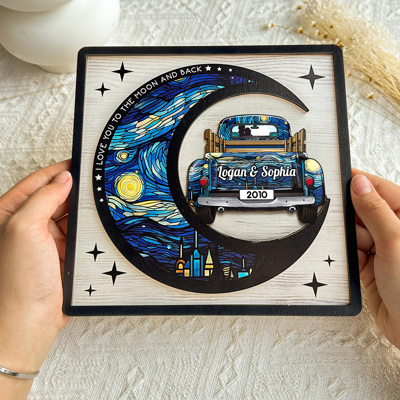 I love you to the moon and back Romantic Couple Truck Personalized 2 Layers Wooden Plaque HTN25DEC23CT1
