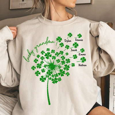 St Patrick's Day Lucky Grandma With Dandelion Shamrock Kids Personalized Sweatshirt HTN15FEB24CT1
