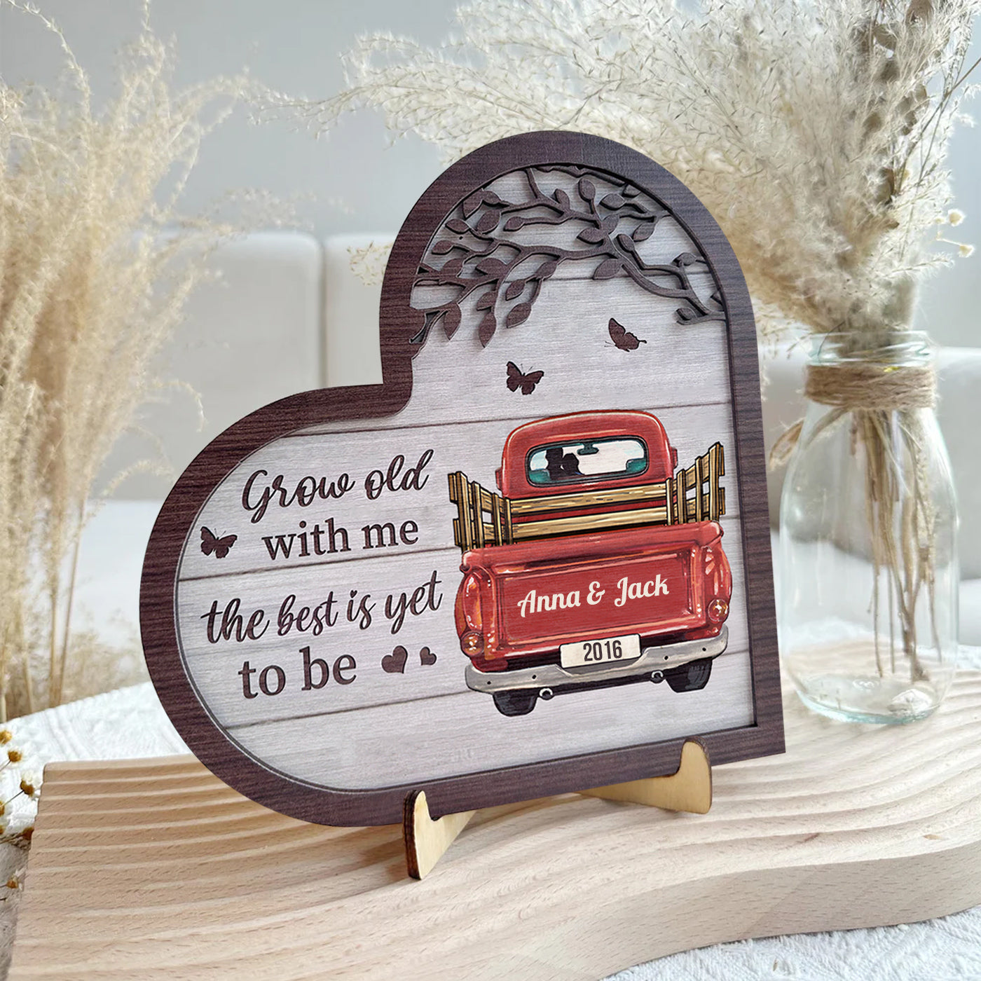 Red Truck Grow Old With Me Couples Anniversary - Personalized 2 Layers Wooden Plaque NVL21DEC23CT1
