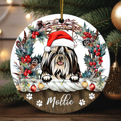 Christmas Flower Wreath Peeking Dog Personalized Circle Ceramic Ornament HTN23NOV23CT1