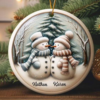 Couple Snowmen Christmas Background Personalized Circle Ceramic Ornament HTN24NOV23CT2